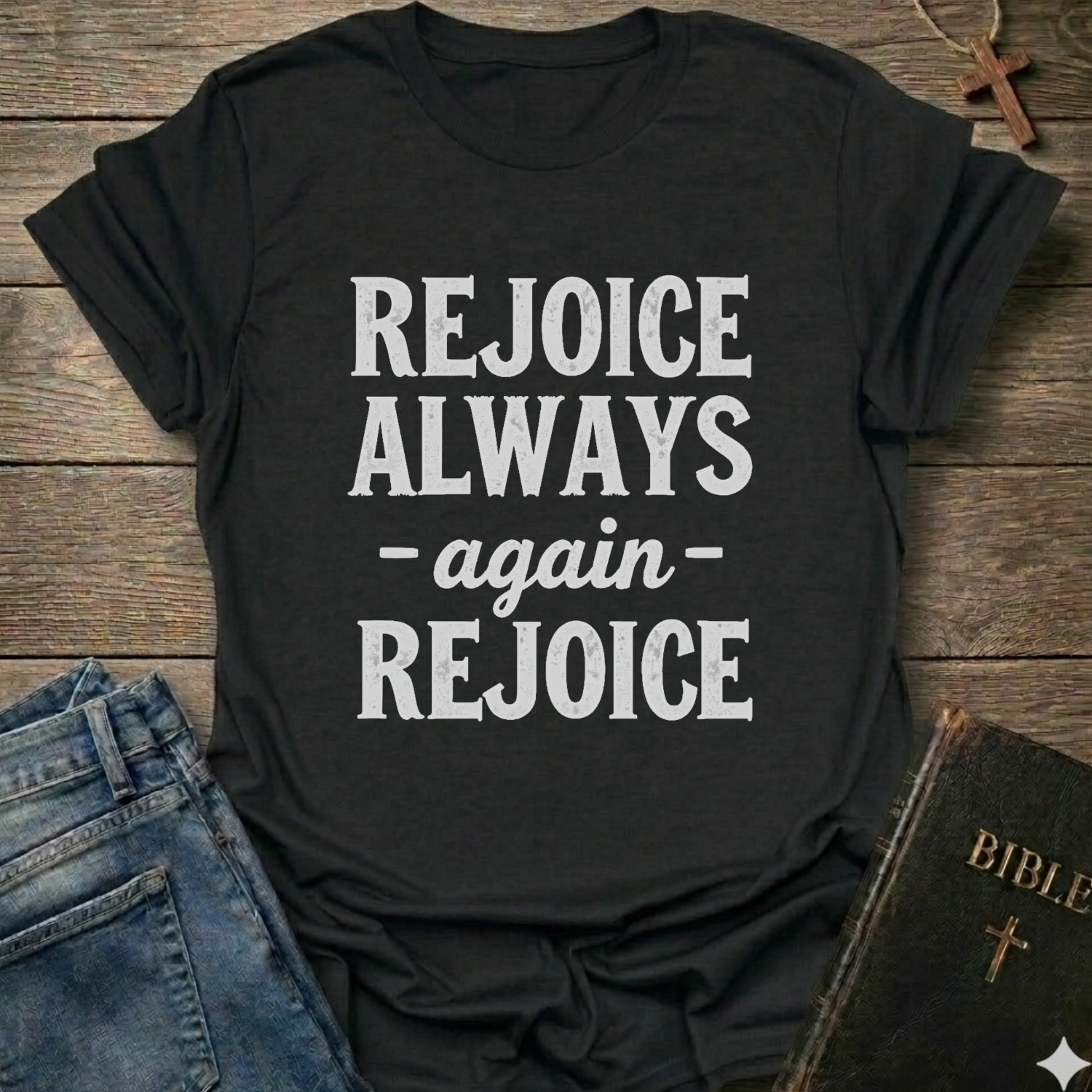 Navy blue t-shirt with 'REJOICE ALWAYS again REJOICE' text Philippians 4:4 bold faith apparel Faith Forward on a wooden surface with jeans and a Bible.