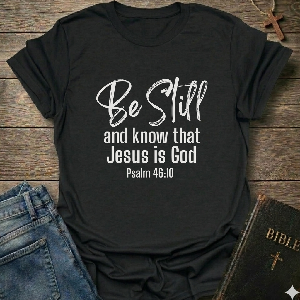 Black t-shirt with 'Be Still and know that Jesus is God' text Psalm 46:10 script faith apparel Faith Forward on a wooden surface with jeans and a Bible.