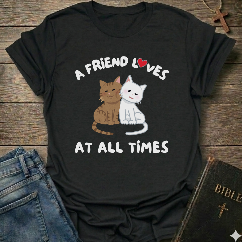 Black t-shirt with cat graphic and text A Friend Loves at All Times Christian T-Shirt illustrated Proverbs 17:17 faith apparel conversation starter
on a wooden surface