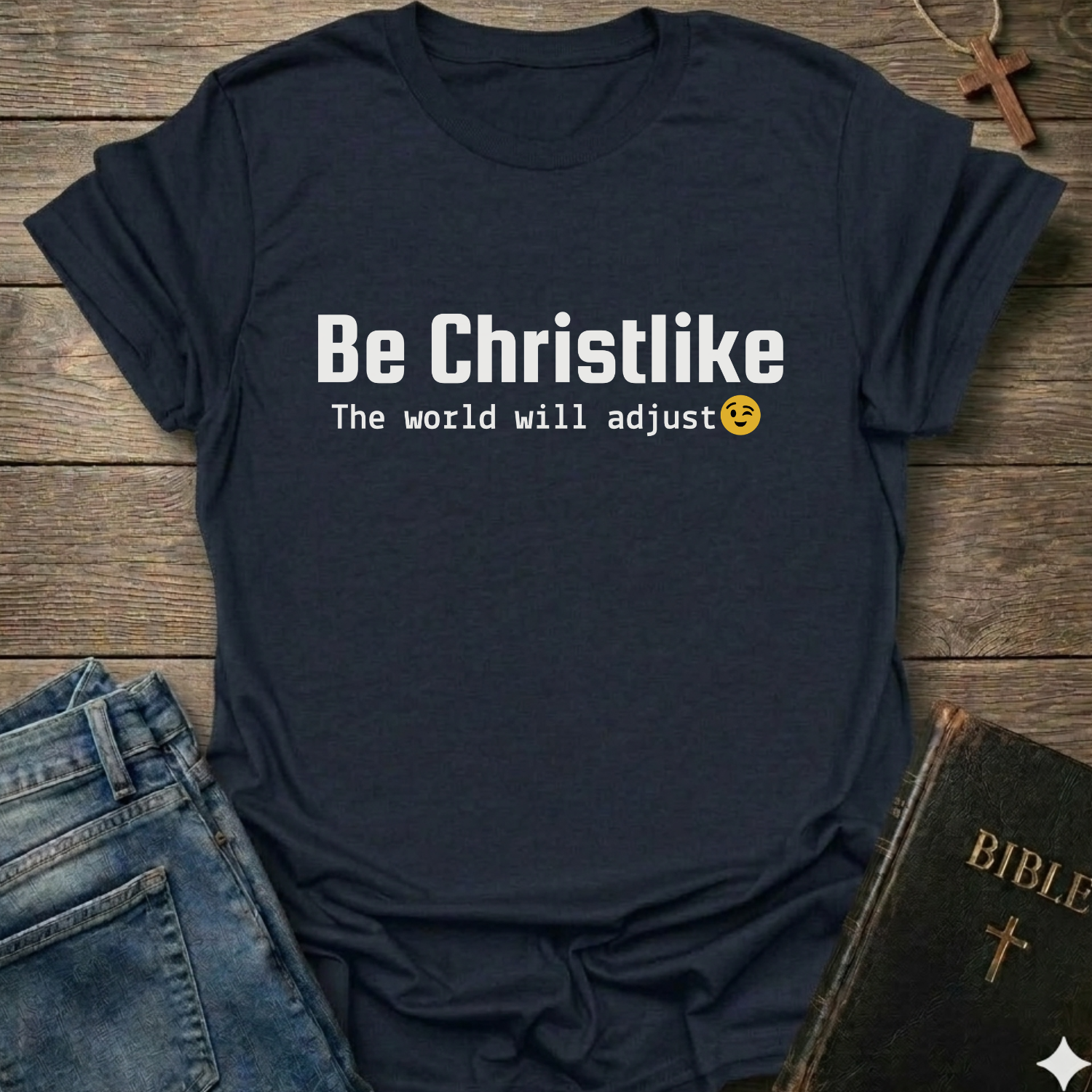 Navy blue t-shirt with 'Be Christlike The world will adjust' text on a wooden surface with jeans and a Bible.