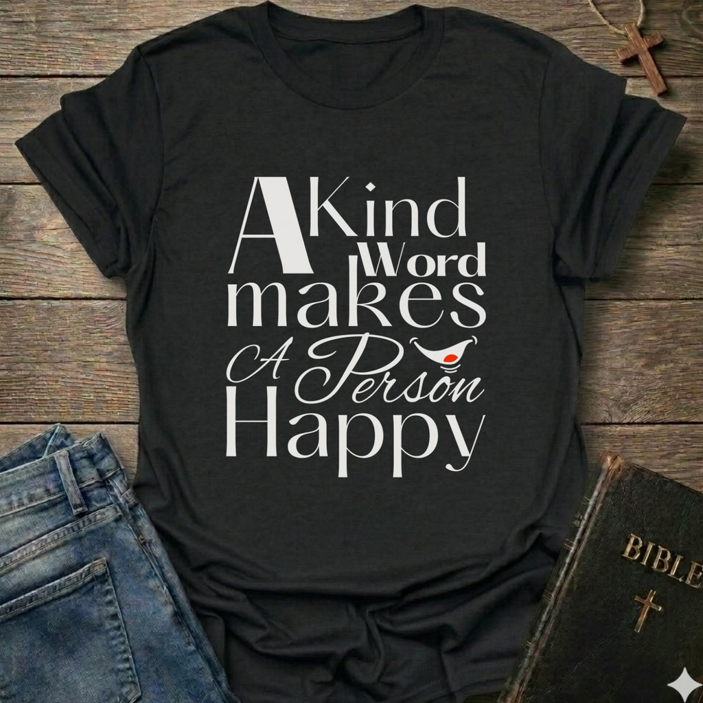 Black t-shirt with 'A Kind Word makes A Person Happy' Proverbs 12:25 text with a smile. Christian elegant typography faith apparel conversation starter
on a wooden surface with jeans and a Bible.