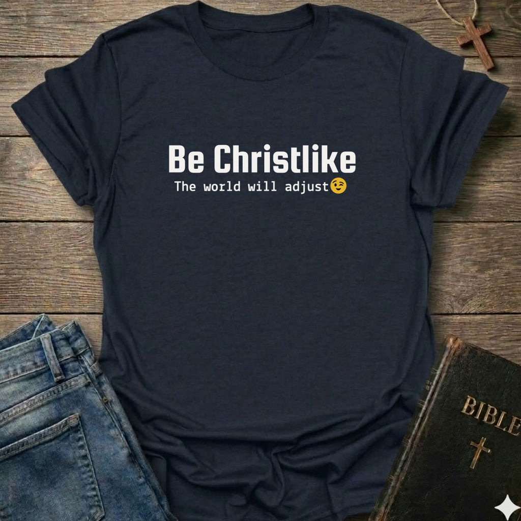 A navy blue graphic t-shirt laid flat on a rustic wooden background, styled with a pair of blue jeans, a Bible, and a wooden cross. The t-shirt features the text 'Be Christlike The world will adjust' in white, with a small yellow smiley face emoji.