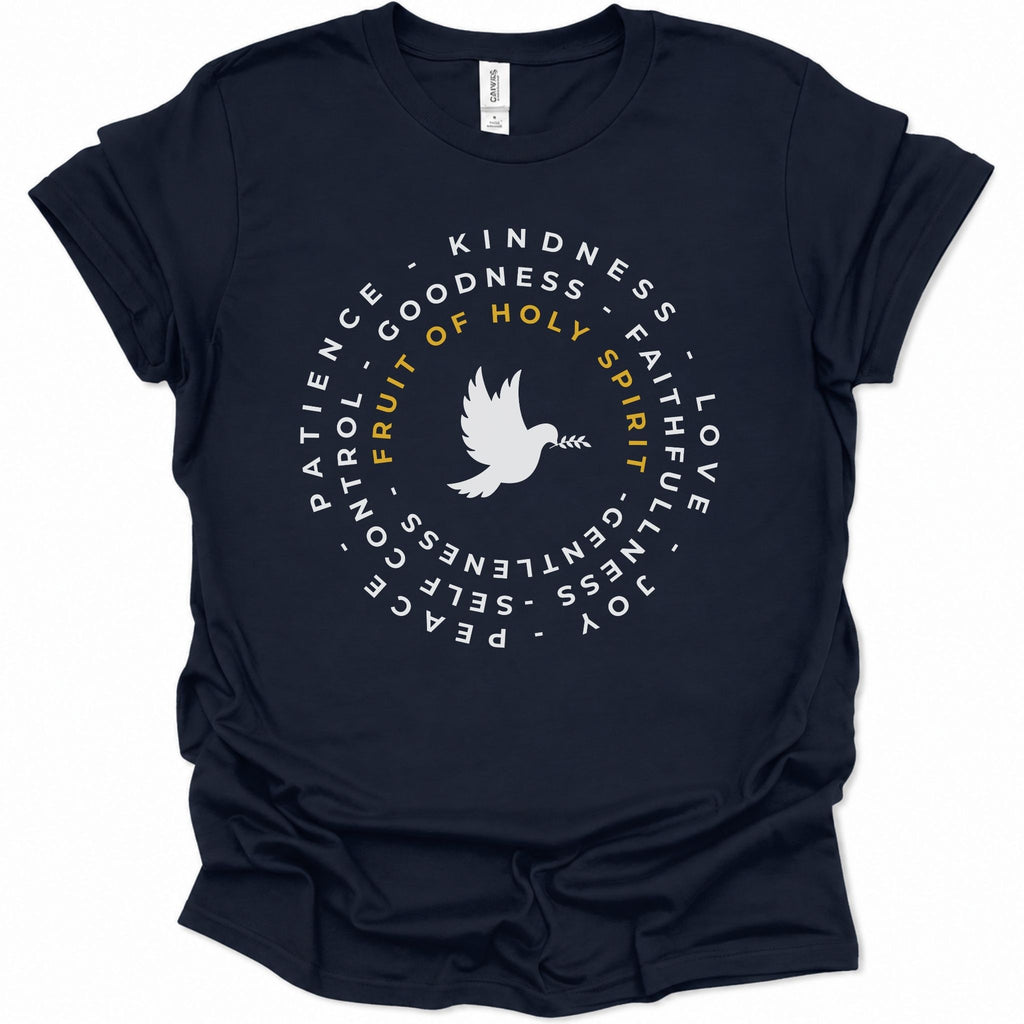 A navy blue short-sleeve t-shirt with a circular graphic on the chest featuring a white dove and the words 'Fruit of Holy Spirit' in yellow and white, surrounded by other virtues.