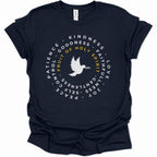 A navy blue short-sleeve t-shirt with a circular graphic on the chest featuring a white dove and the words 'Fruit of Holy Spirit' in yellow and white, surrounded by other virtues.
