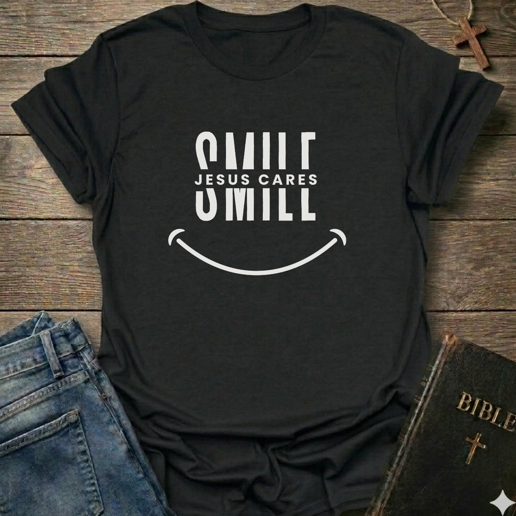 A black short-sleeve graphic t-shirt with a white smiley face design and the text 'SMILE JESUS CARES' and 'SMILL' printed on the front. The shirt is styled in a flat-lay arrangement on a rustic wooden background, accompanied by blue jeans, a brown cross necklace, and a Bible.