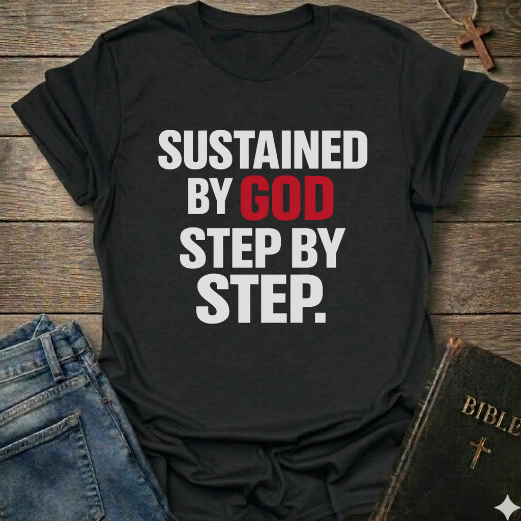Sustained by God Step by Step front print Christian T-Shirt dark grey bold faith apparel Faith Forward