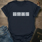 Black t-shirt with Biblical Relatable Symbols Christian T-Shirt faith apparel conversation starter on a wooden surface with jeans and a Bible.