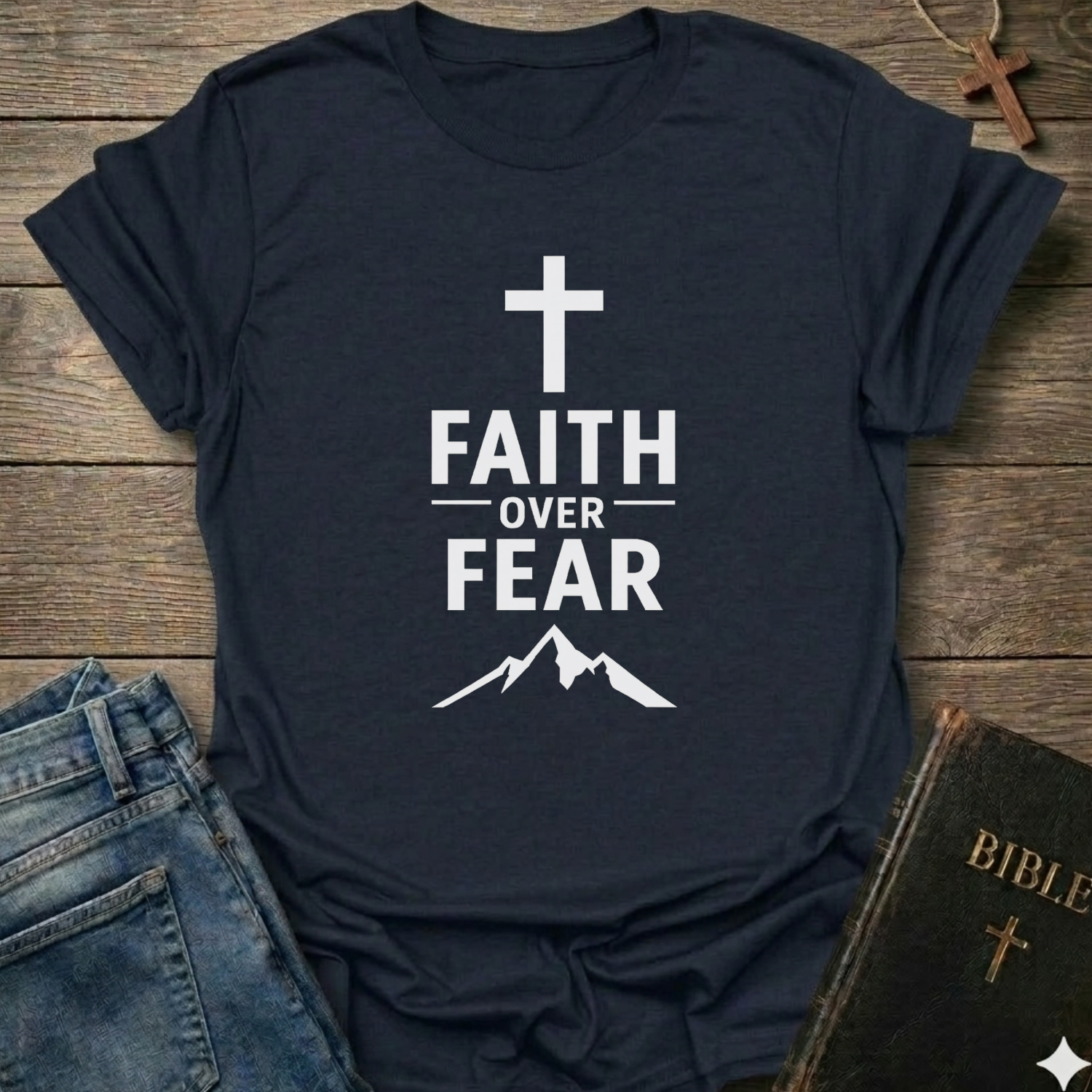 Navy blue tshirt with 'Faith Over Fear' Cross Mountain Christian faith apparel conversation starter design on a wooden surface with jeans and a Bible.