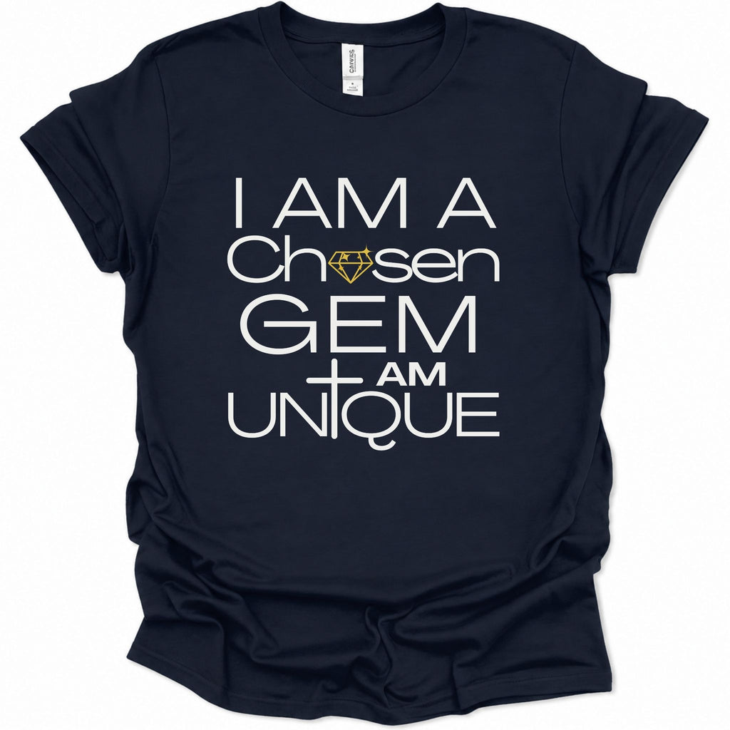 A navy blue short-sleeve t-shirt with a white graphic text print reading 'I AM A Chosen GEM I AM UNIQUE' on the front, featuring a small yellow diamond icon.