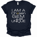 A navy blue short-sleeve t-shirt with a white graphic text print reading 'I AM A Chosen GEM I AM UNIQUE' on the front, featuring a small yellow diamond icon.