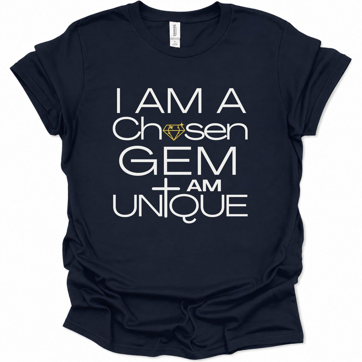 A navy blue short-sleeve t-shirt with a white graphic text print reading 'I AM A Chosen GEM I AM UNIQUE' on the front, featuring a small yellow diamond icon.