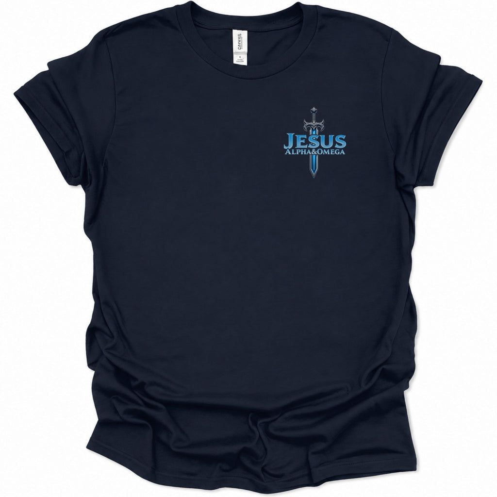 A navy blue short-sleeve t-shirt with a small graphic on the left chest featuring a sword and the text 'JESUS ALPHA & OMEGA' in light blue. The shirt is shown flat against a white background.