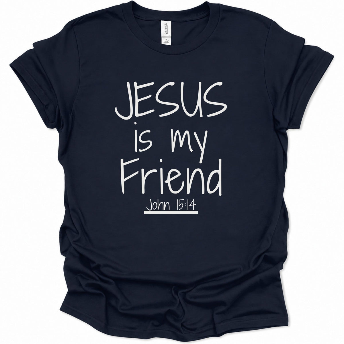 A navy blue short-sleeve t-shirt with white text reading 'JESUS is my Friend John 15:14' printed on the front, displayed against a plain white background.