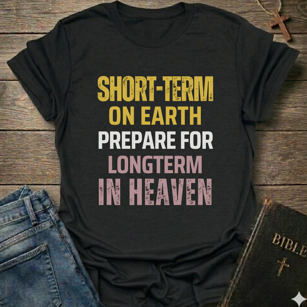 Black t-shirt with text "Short Term on Earth Prepare for Long Term in Heaven" Christian T-Shirt bold faith apparel conversation starter, on a wooden surface with jeans and a Bible.