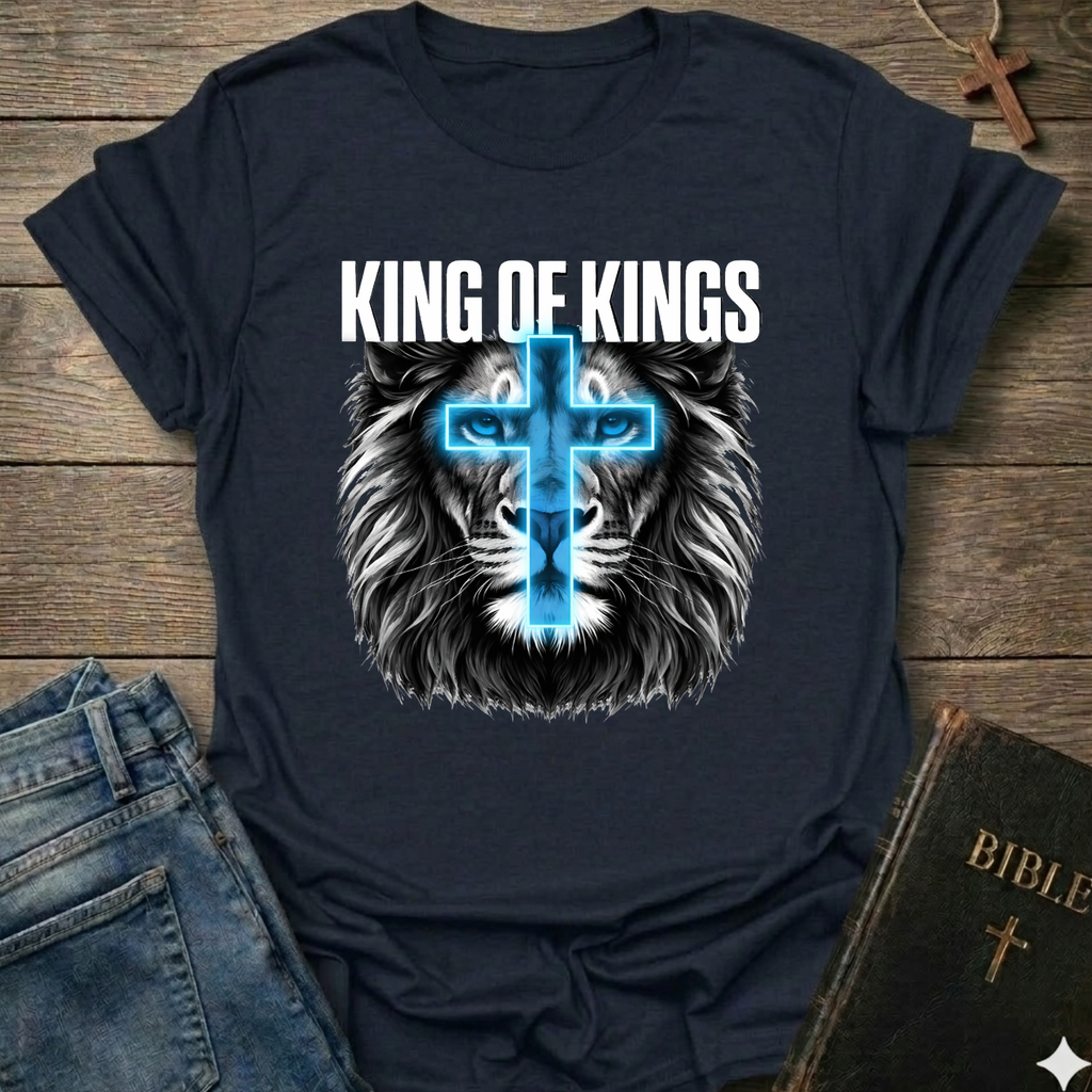 Navy Christian T-Shirt with lion graphic and 'King of Kings' text Revelation 19:16 bold faith apparel conversation starter on a wooden surface with jeans and a Bible.