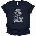 A navy blue short-sleeve t-shirt with a white graphic print on the front reading 'SEEK TRUTH AND JESUS' in a stylized font, displayed against a plain white background.