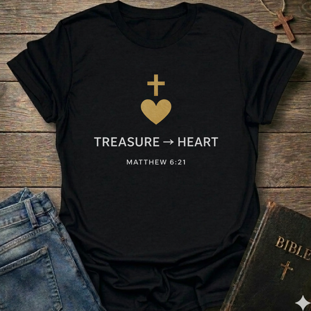 Treasure Heart Christian T-Shirt Matthew 6:21 gold cross faith apparel conversation starter