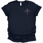 A navy blue short-sleeve t-shirt with a small pink graphic on the left chest featuring a cross and the word 'Redempted'.