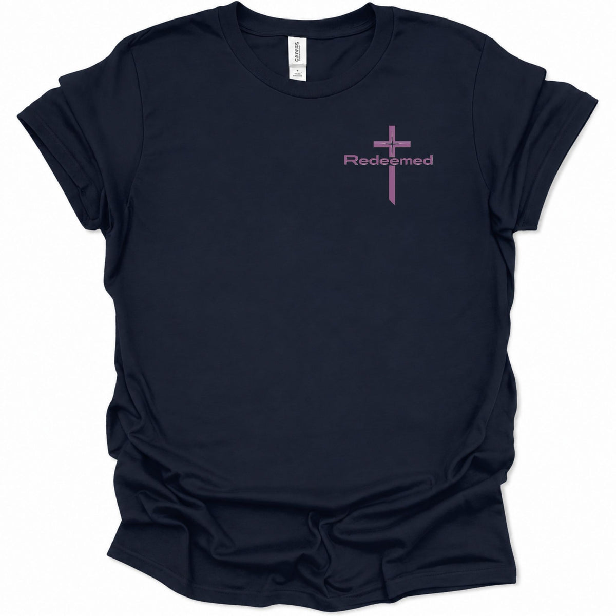 A navy blue short-sleeve t-shirt with a small pink graphic on the left chest featuring a cross and the word 'Redempted'.