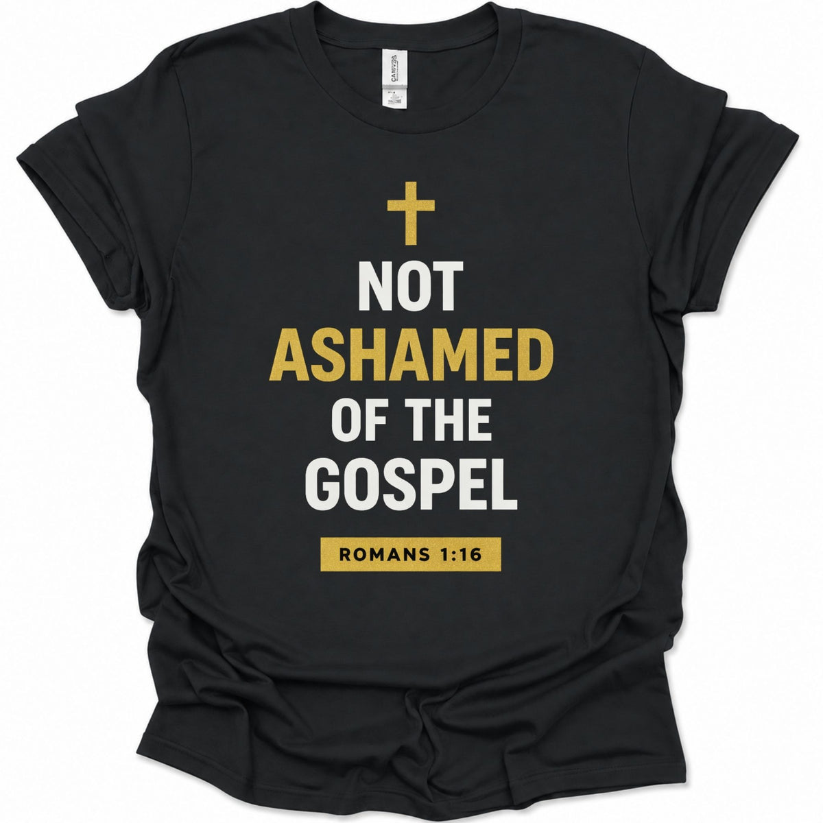 A black short-sleeve t-shirt with a graphic print on the front. The print features a gold cross above the text 'NOT ASHAMED OF THE GOSPEL' in white and gold lettering, and a gold box at the bottom reading 'ROMANS 1:16'.