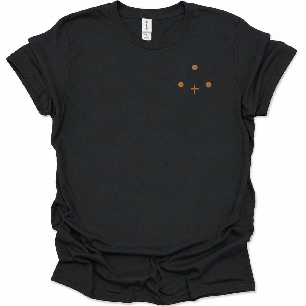 A black short-sleeve crewneck t-shirt with a small minimalist graphic on the left chest consisting of three brown dots and a brown cross, displayed on a clean white background.