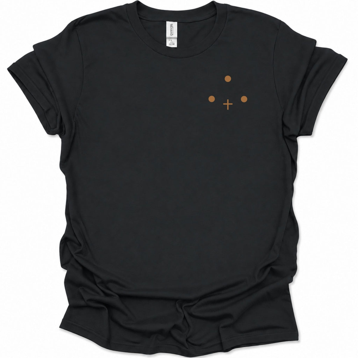 A black short-sleeve crewneck t-shirt with a small minimalist graphic on the left chest consisting of three brown dots and a brown cross, displayed on a clean white background.