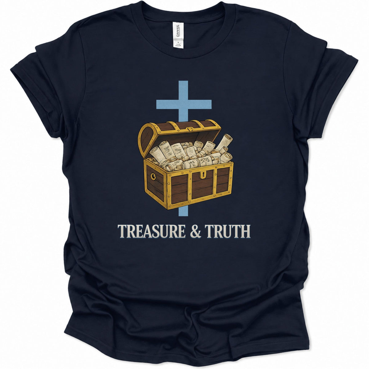 A navy blue short-sleeve t-shirt with a graphic of an open treasure chest filled with money and a blue cross, with the text 'TREASURE & TRUTH' printed below.