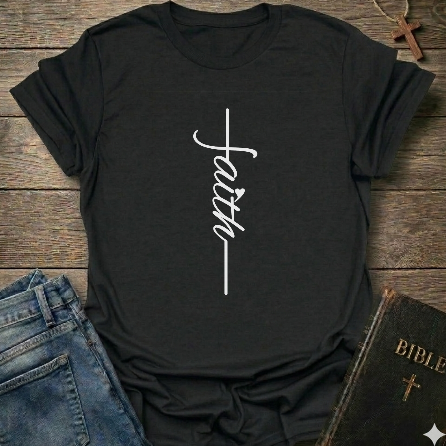 Black t-shirt with 'faith' design on a wooden surface with jeans and a Bible. Faith Minimalist Cross Script Christian T-Shirt bold faith apparel Faith Forward