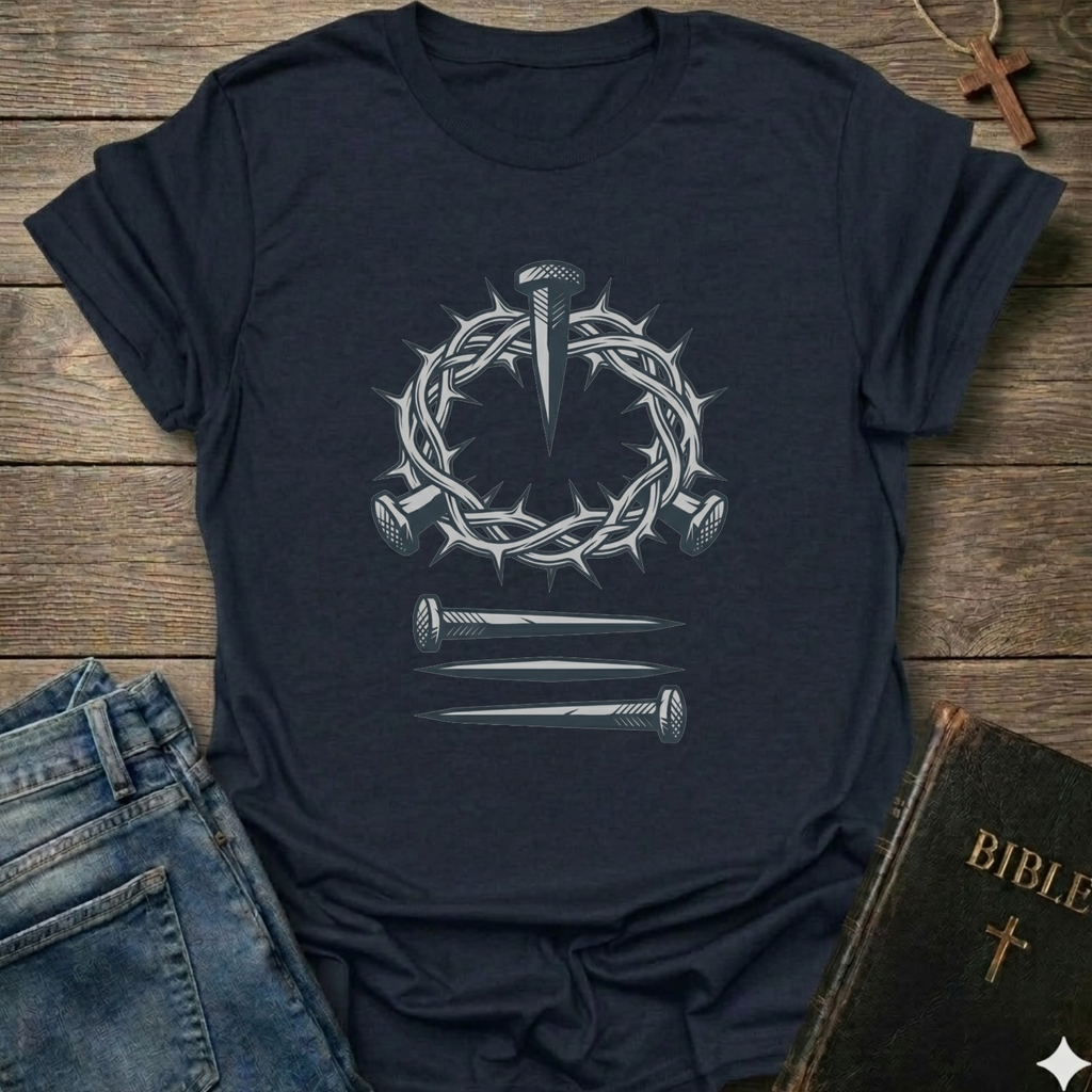 Navy blue Christian T-Shirt Gospel faith apparel conversation starter with a crown of thorns and nails design on a wooden surface. 