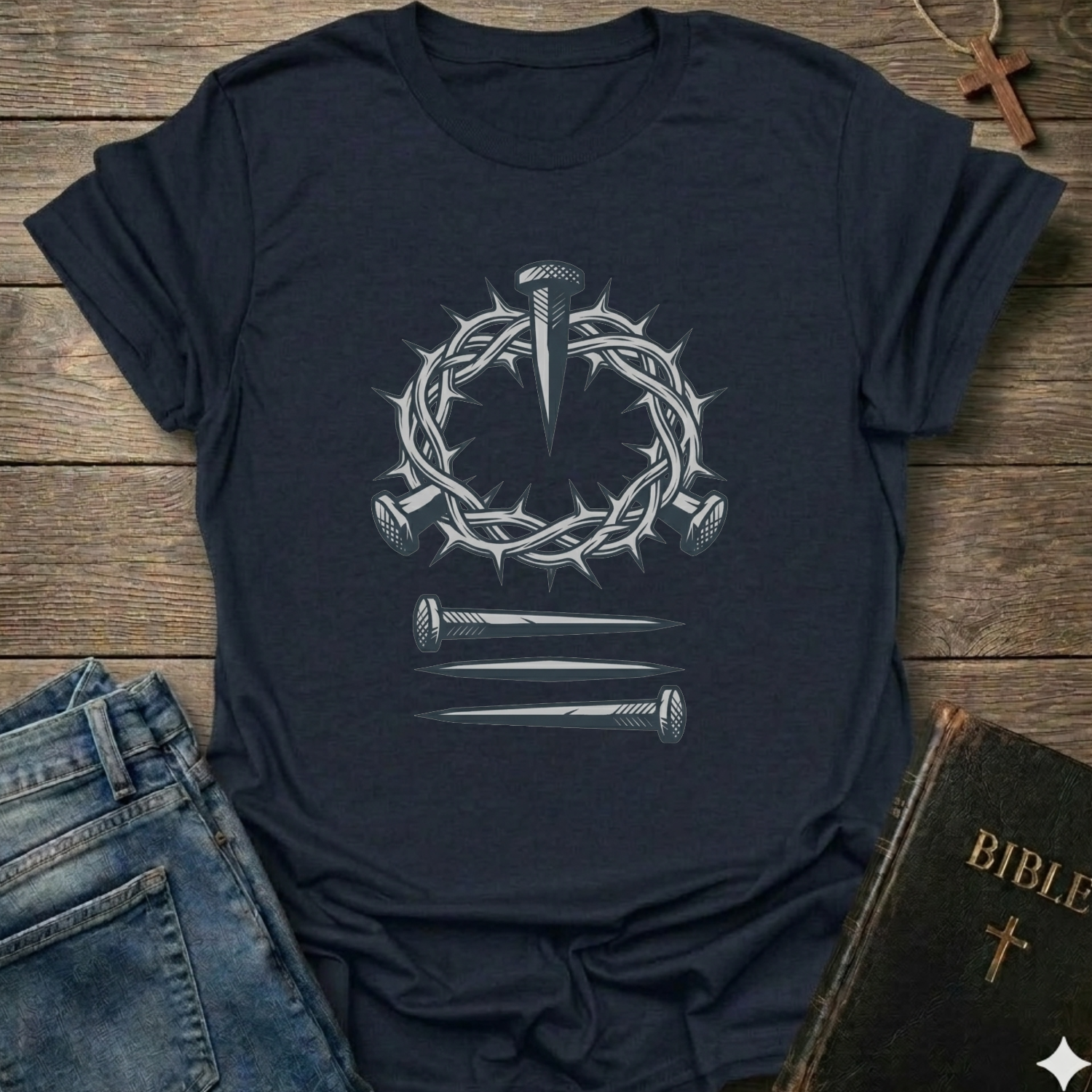 Navy blue Christian T-Shirt Gospel faith apparel conversation starter with a crown of thorns and nails design on a wooden surface. 