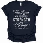 A navy blue short-sleeve t-shirt with a white graphic print on the front that reads 'The Lord My Strength and Refuge PSALM 46:1' with a small barbell illustration.