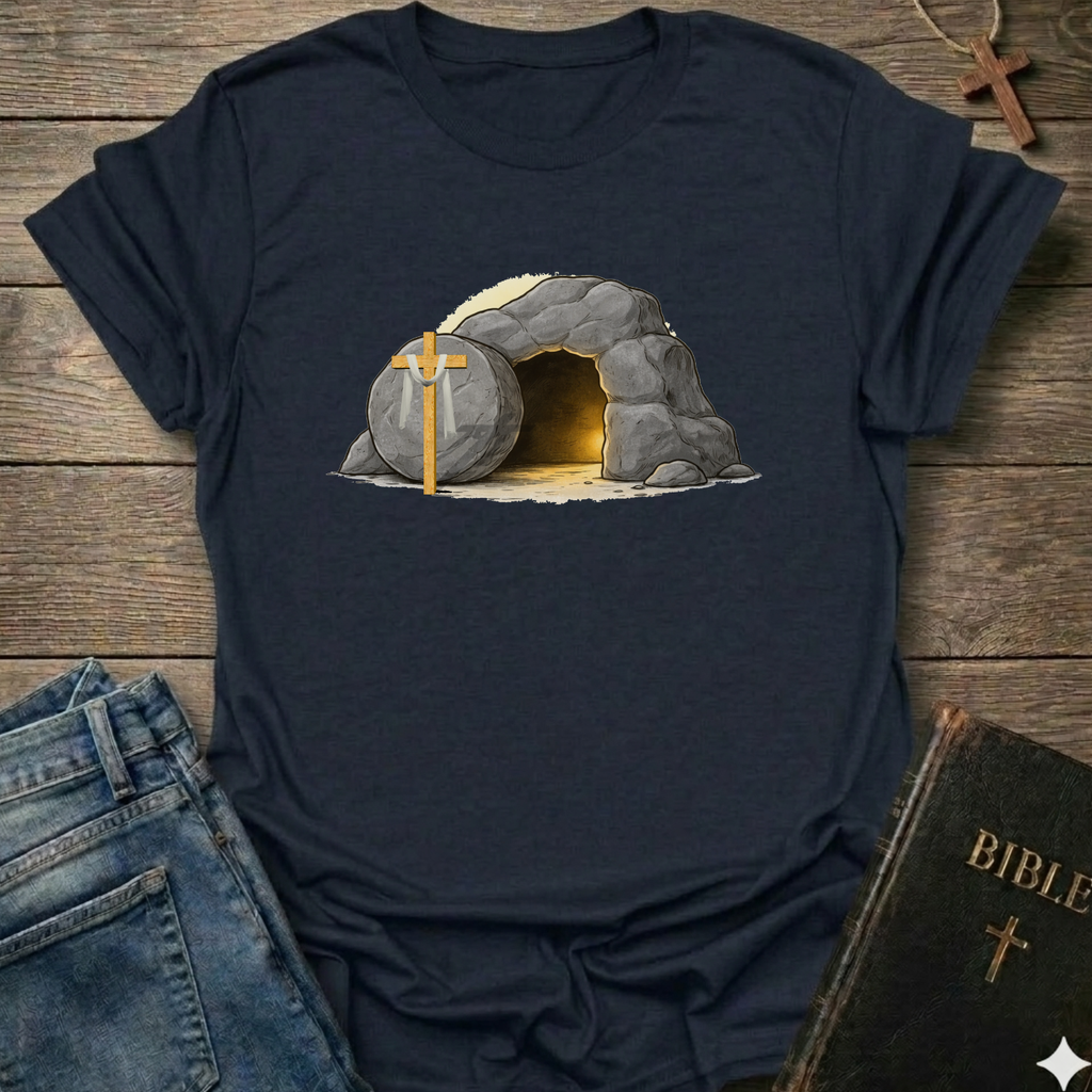 Navy blue t-shirt with a graphic of a  Empty Tomb and a cross Christian resurrection faith apparel conversation starter on a wooden surface with jeans and a Bible.