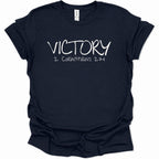 A navy blue short-sleeve t-shirt with 'VICTORY 2 CORINTHIANS 2:14' printed in white across the chest, displayed on a clean white background.