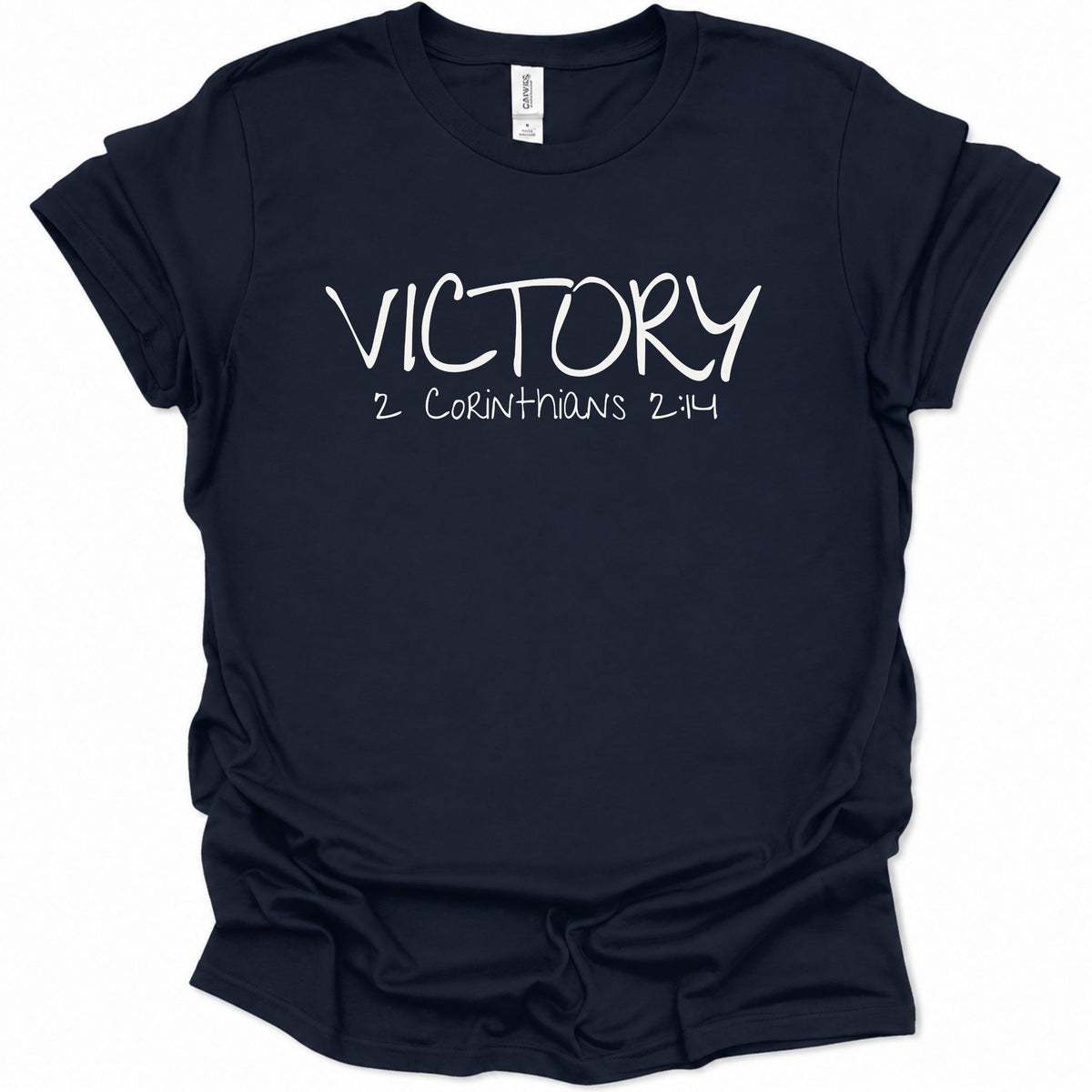 A navy blue short-sleeve t-shirt with 'VICTORY 2 CORINTHIANS 2:14' printed in white across the chest, displayed on a clean white background.