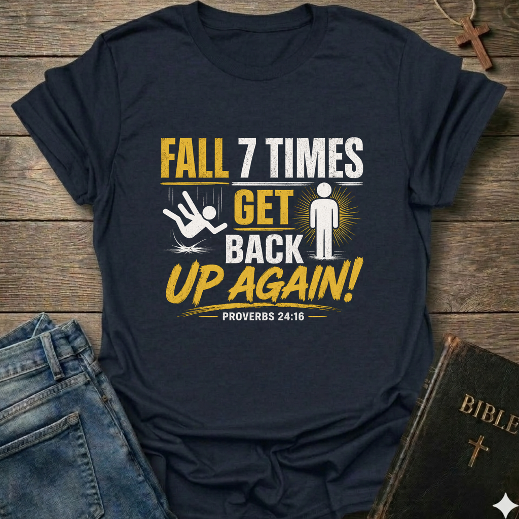 Navy blue t-shirt with motivational quote "Fall 7 Times Get Back Up Again Proverbs 24:16" bold graphic faith apparel Faith Forward on a wooden surface with jeans and a Bible.