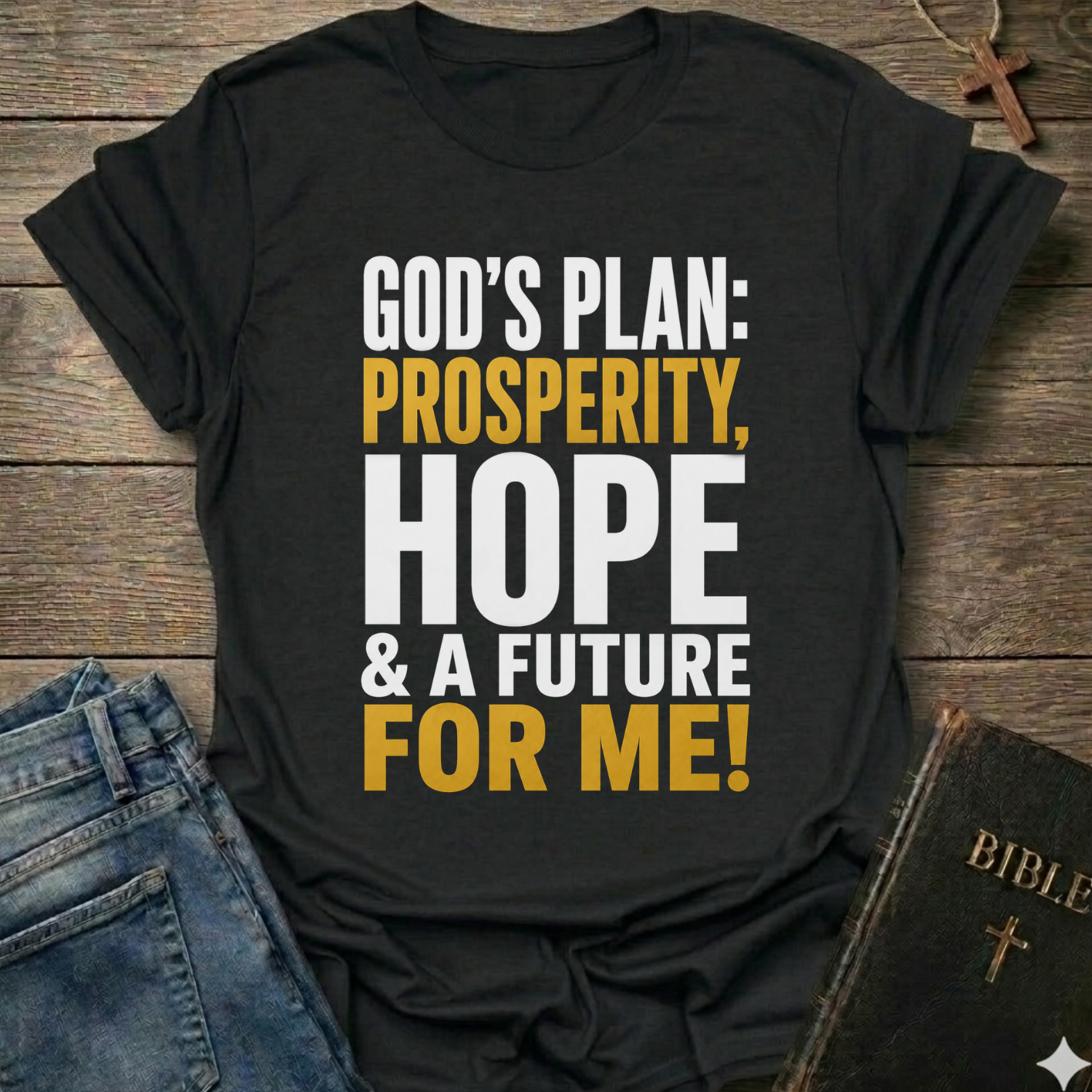 A black graphic t-shirt laid flat on a rustic wooden background, styled with blue jeans on the left and a Bible on the right. The t-shirt features the text 'GOD'S PLAN: PROSPERITY, HOPE & A FUTURE FOR ME!' in bold white and yellow lettering.