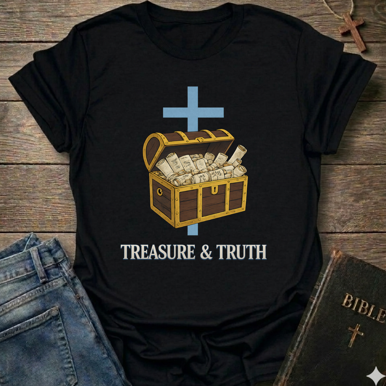 Treasure and Truth Brand Signature Christian T-Shirt cross scripture chest faith apparel conversation starter