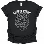 A black short-sleeve crewneck t-shirt featuring a black graphic of a lion's head with a cross on one eye and the text 'KING OF KINGS' arched above it, displayed on a clean white background.