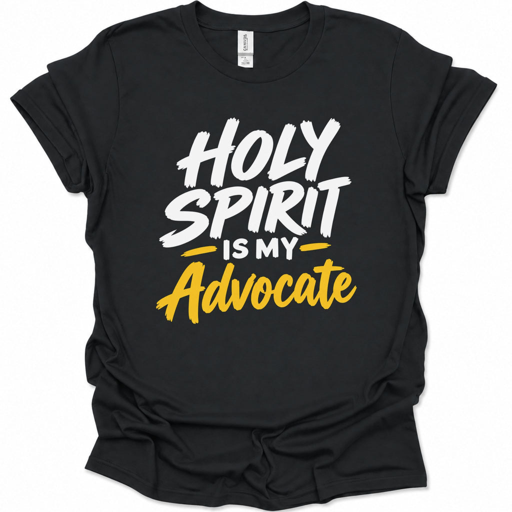 A black short-sleeve t-shirt with a graphic print that reads 'HOLY SPIRIT IS MY Advocate' in white and yellow lettering, displayed on a clean white background.