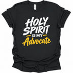 A black short-sleeve t-shirt with a graphic print that reads 'HOLY SPIRIT IS MY Advocate' in white and yellow lettering, displayed on a clean white background.