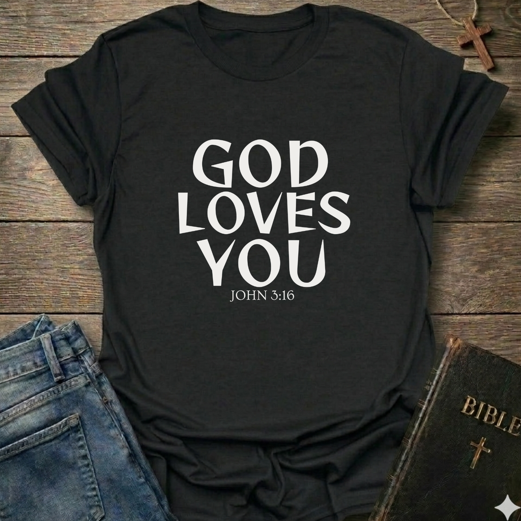 Black t-shirt with 'GOD LOVES YOU' John 3:16 text Christian bold faith apparel Faith Forward on a wooden surface with jeans and a Bible.