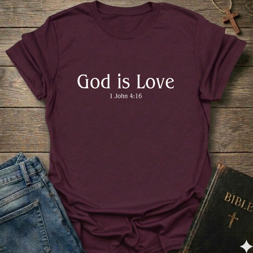 Maroon t-shirt with 'God is Love'  Christian T-Shirt 1 John 4:15 elegant faith apparel Faith Forward text. T-shirt on a wooden surface with jeans and a Bible.