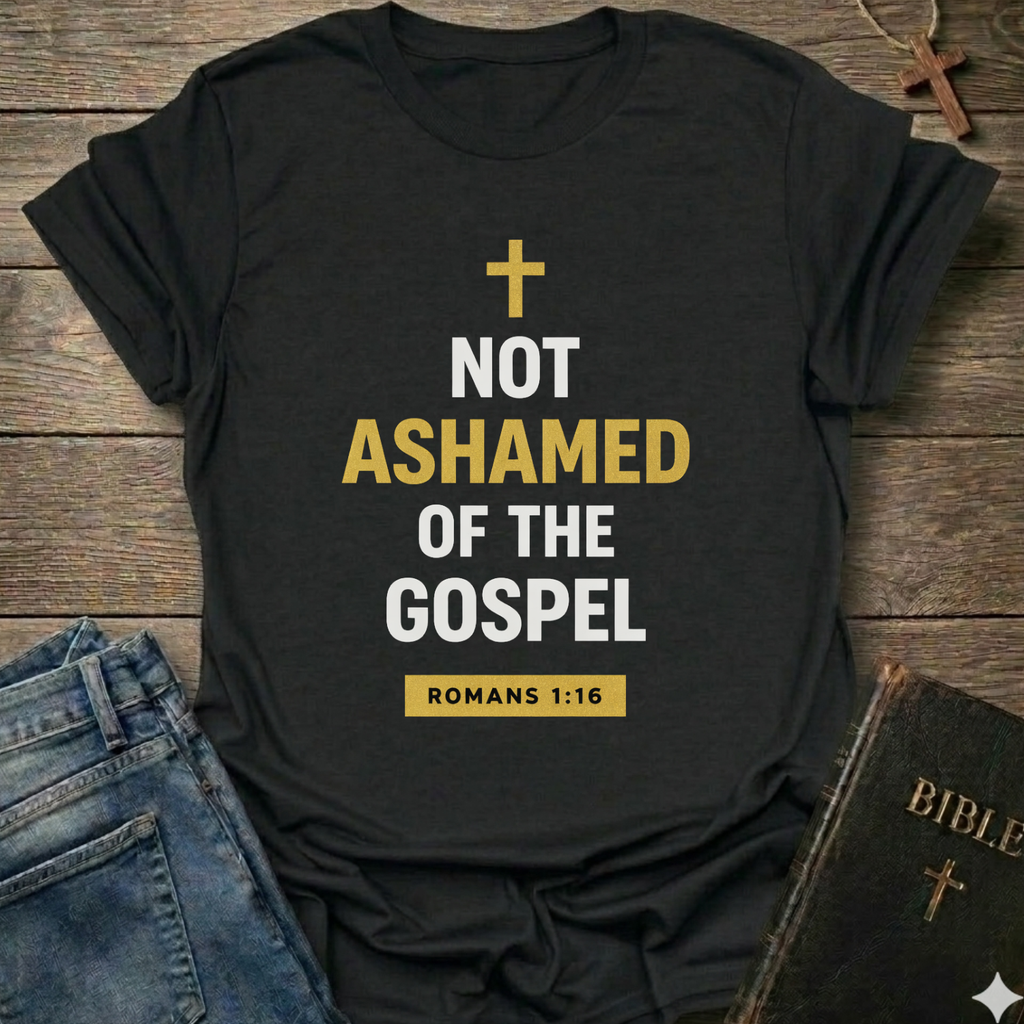 Black t-shirt with 'Not Ashamed of the Gospel' text on a wooden surface with a Bible and cross. Christian T-Shirt Romans 1:16 bold faith apparel Faith Forward