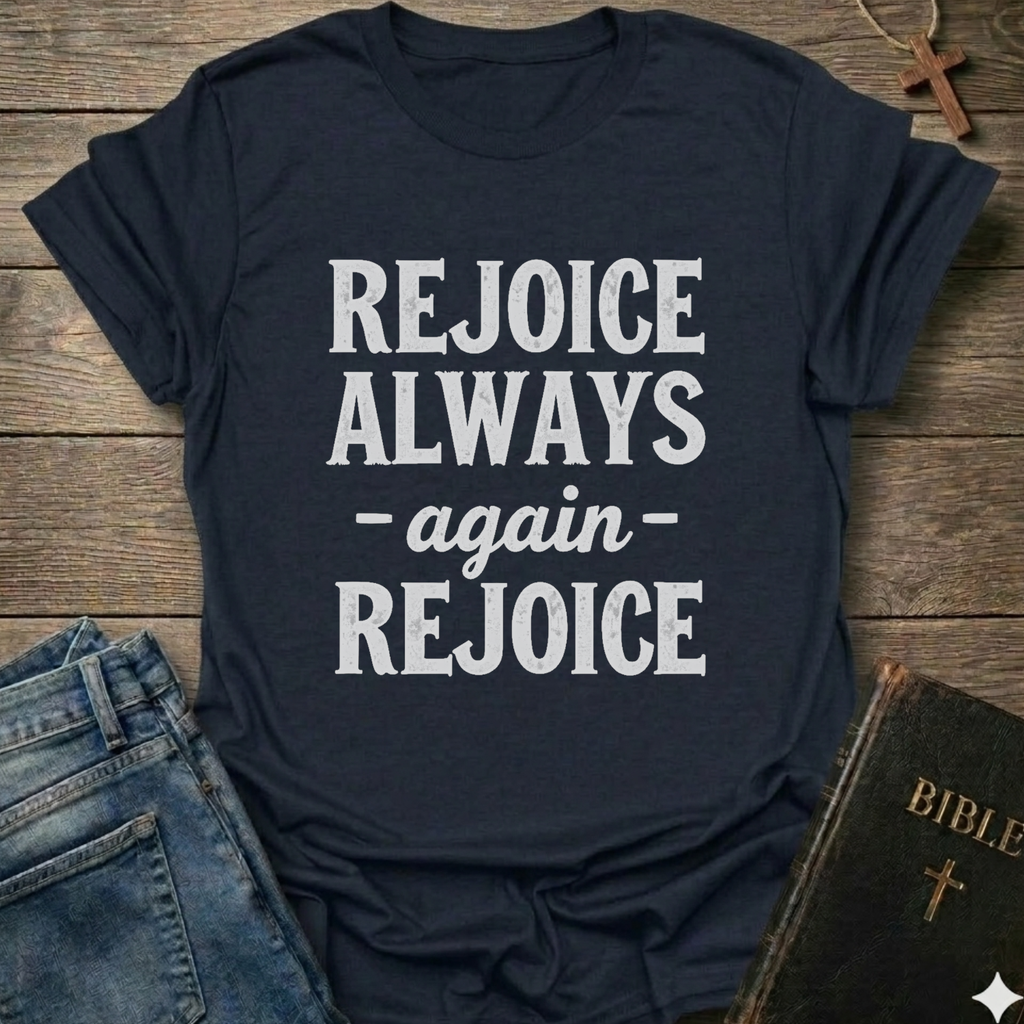 Navy blue t-shirt with 'REJOICE ALWAYS again REJOICE' text Philippians 4:4 bold faith apparel Faith Forward on a wooden surface with jeans and a Bible.