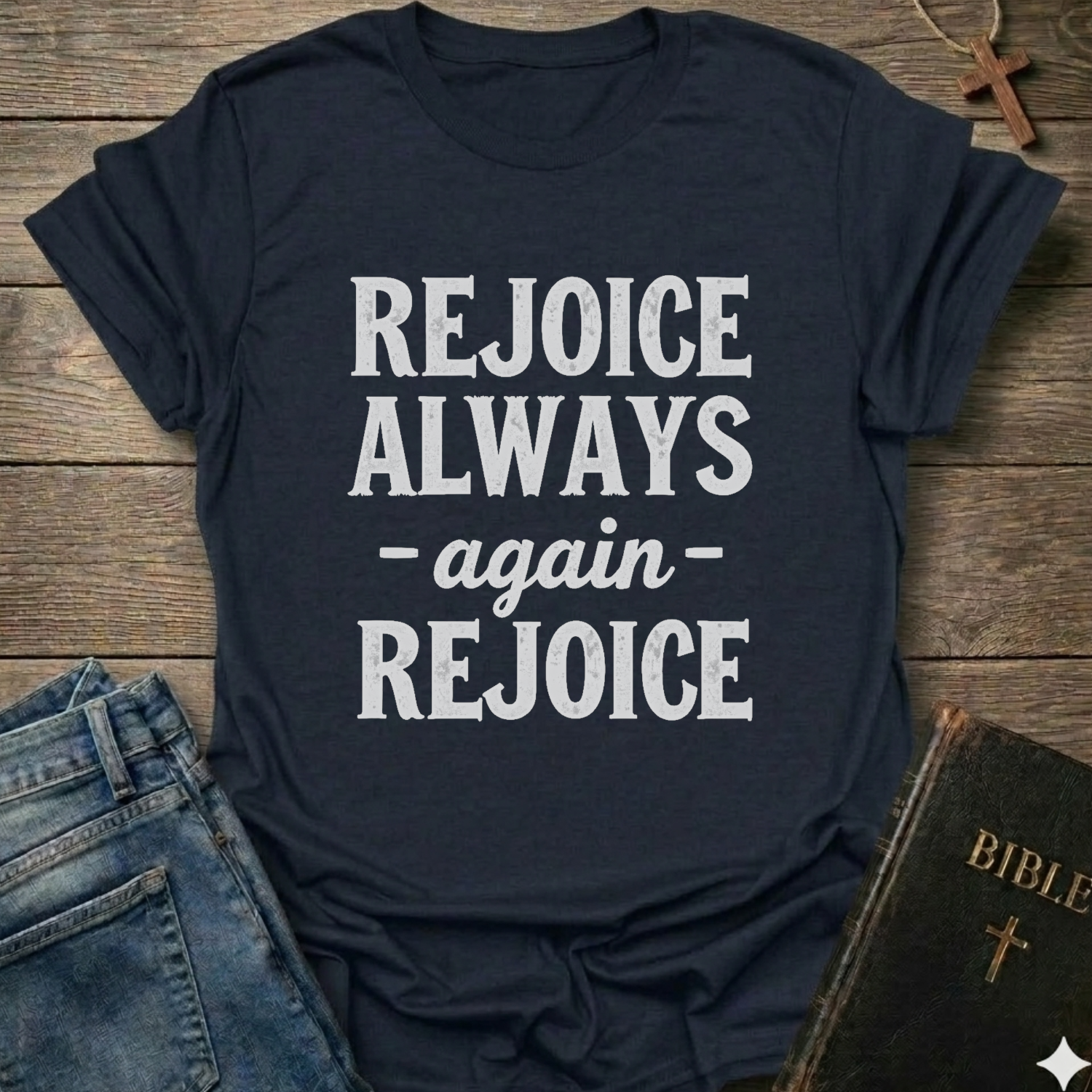 Navy blue t-shirt with 'REJOICE ALWAYS again REJOICE' text Philippians 4:4 bold faith apparel Faith Forward on a wooden surface with jeans and a Bible.
