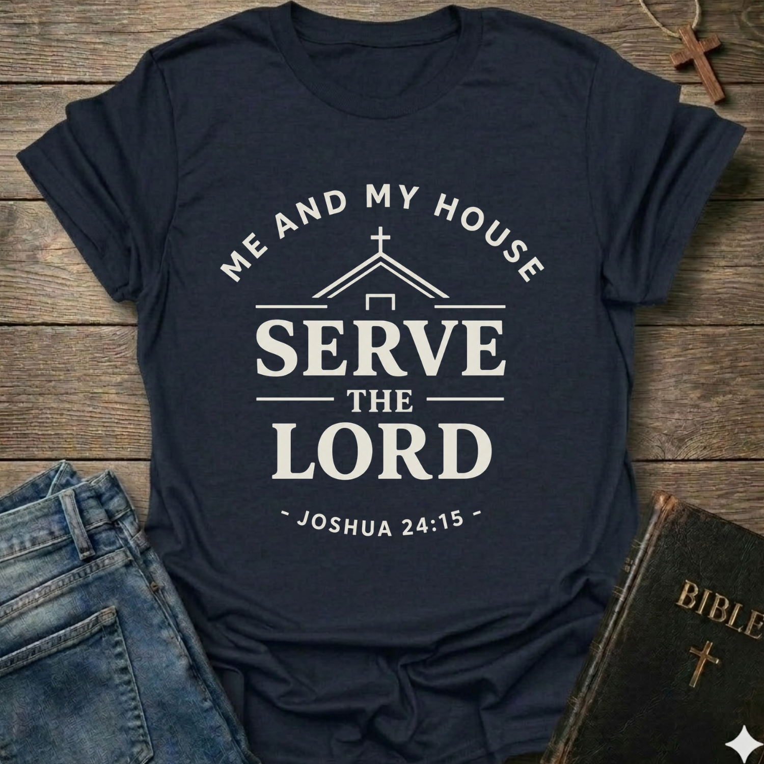 Navy blue t-shirt with Me and My House Serve the Lord | Joshua 24:15 Faith Forward text on a wooden surface with jeans and a Bible.