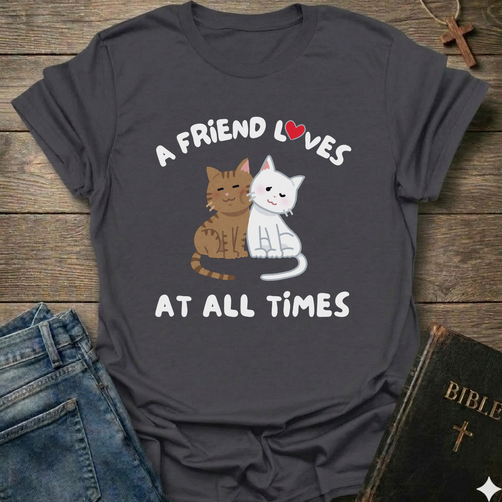 Gray t-shirt with with cat graphic and text A Friend Loves at All Times Christian T-Shirt illustrated Proverbs 17:17 faith apparel conversation starter
on a wooden surface