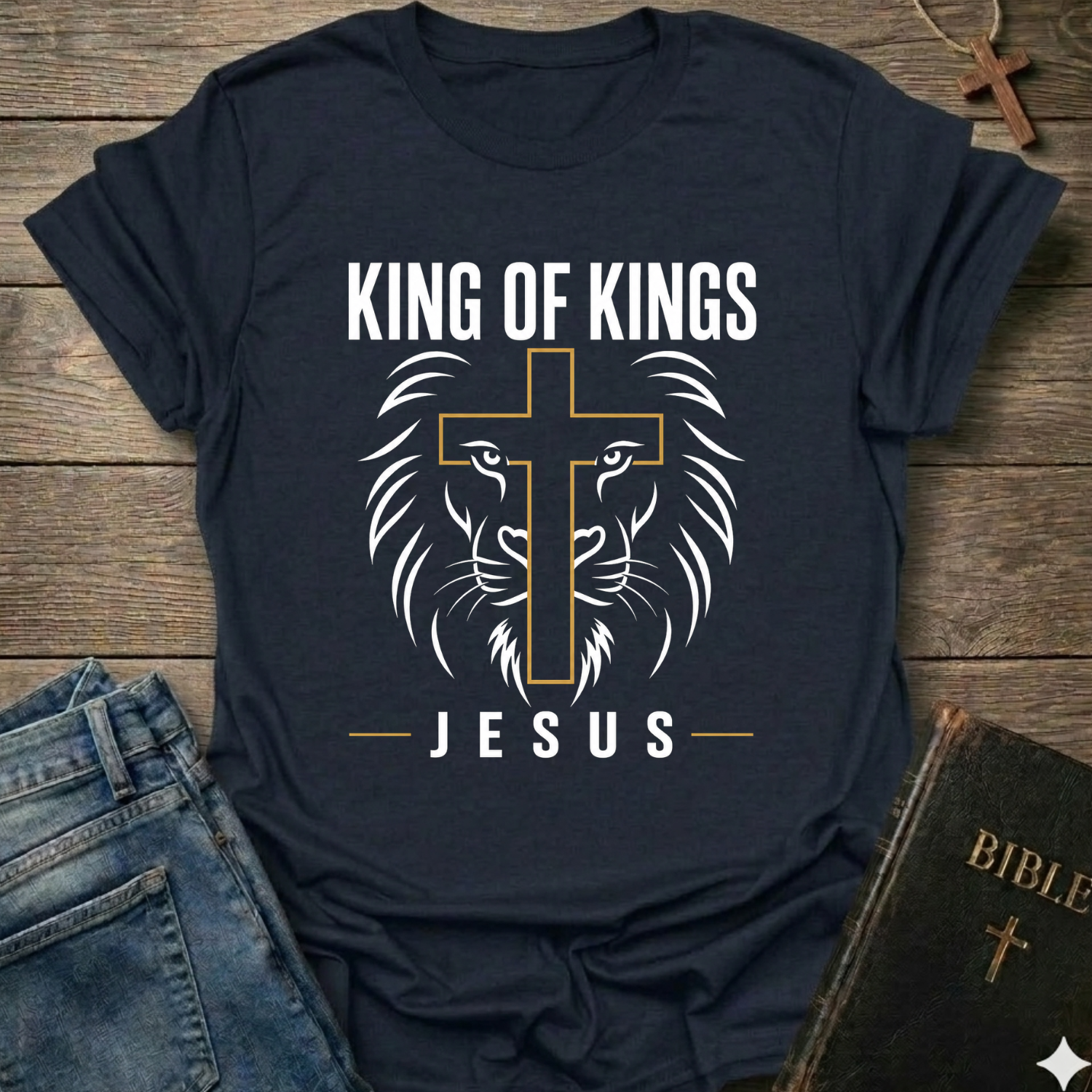 Navy blue t-shirt with 'King of Kings Jesus Lion Cross Revelation 19:16 faith apparel conversation starter' on a wooden surface. 