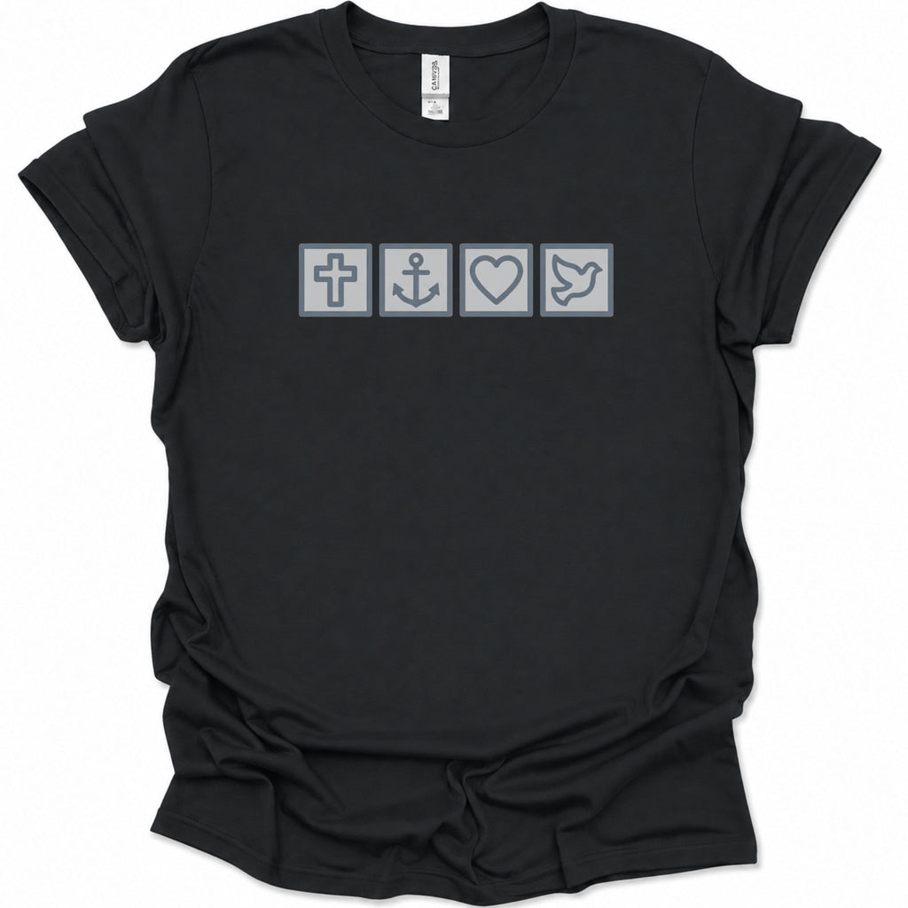 A black short-sleeve crewneck t-shirt with a graphic on the chest showing four square icons: a Christian cross, an anchor, a heart, and a dove, all in a light gray color.