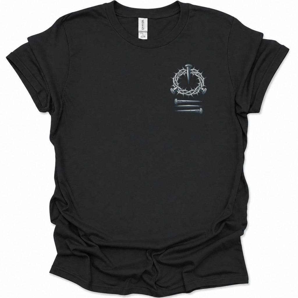 A black short-sleeve t-shirt with a small white graphic on the left chest depicting a crown of thorns with a sword and three nails, laid flat on a white background.